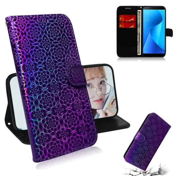 Per Zenfone Max Plus (M1) ZB570TL Custodia in pelle PU con fibbia magnetica colorata tinta unita con supporto e slot per schede, portafoglio e cordino (viola)