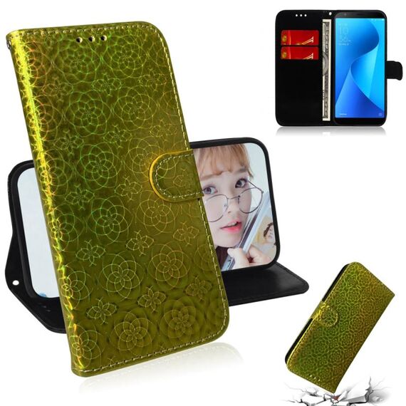 Per Zenfone Max Plus (M1) ZB570TL Custodia in pelle PU con fibbia magnetica colorata tinta unita con supporto e slot per schede, portafoglio e cordino (oro)