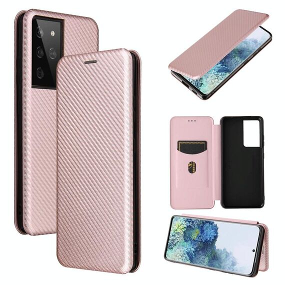 Per Samsung Galaxy S30 Ultra / S21 Ultra 5G Fibra di carbonio Texture Flip orizzontale magnetico TPU + PC + Custodia in pelle PU con slot per scheda (rosa)