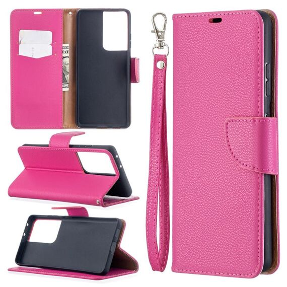 Per Samsung Galaxy S30 Custodia in pelle a vibrazione orizzontale in colore puro con texture ultra litchi con supporto e slot per schede, portafoglio e cordino (rosa rossa)