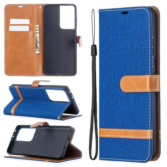 Per Samsung Galaxy S30 Custodia in pelle a vibrazione orizzontale con texture denim abbinata a colori ultra con supporto e slot per schede, portafoglio e cordino (blu)