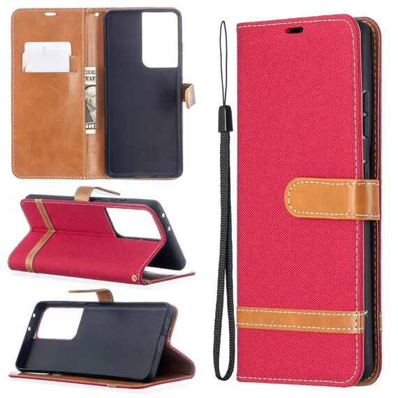 Per Samsung Galaxy S30 Custodia in pelle a vibrazione orizzontale con texture denim abbinata a colori ultra con supporto e slot per schede, portafoglio e cordino