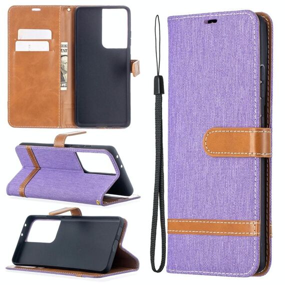 Per Samsung Galaxy S30 Custodia in pelle a vibrazione orizzontale con texture denim abbinata a colori ultra con supporto e slot per schede, portafoglio e cordino (viola)