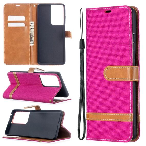Per Samsung Galaxy S30 Custodia in pelle a vibrazione orizzontale con texture denim abbinata a colori ultra con supporto e slot per schede, portafoglio e cordino (rosa rossa)