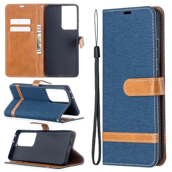 Per Samsung Galaxy S30 Custodia in pelle a vibrazione orizzontale con texture denim abbinata a colori ultra con supporto e slot per schede, portafoglio e cordino (blu scuro)