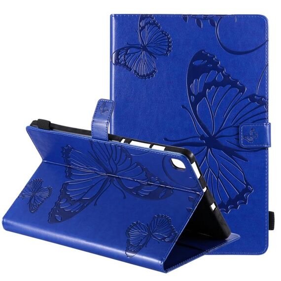 Per Samsung Galaxy S6 Lite P610 Custodia in pelle a vibrazione orizzontale con motivo a farfalla stampato a pressione con supporto e slot per schede e portafoglio e funzione sleep / Wake-up (blu)