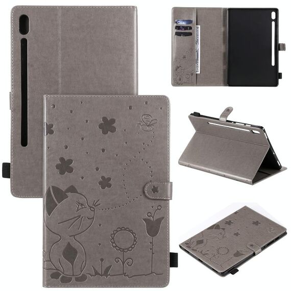 Per Samsung Galaxy Tab S6 T860 Cat Bee Embossing Pattern Tavolo antiurto Custodia protettiva in pelle con flip orizzontale per PC con supporto e slot per schede e portafoglio e slot per penna e funzione di sveglia / sonno (grigio)