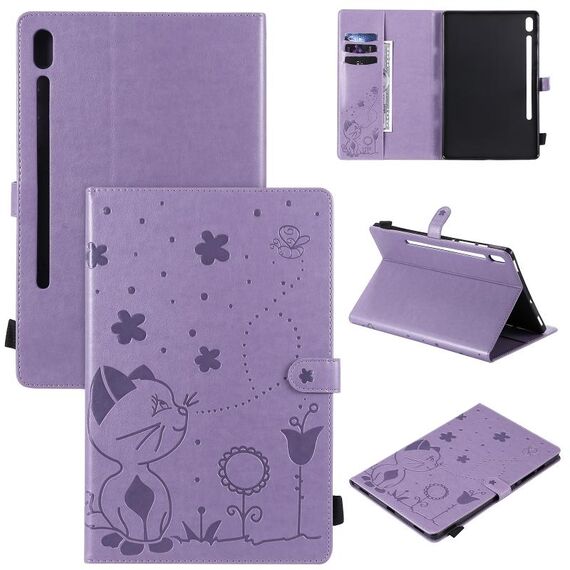 Per Samsung Galaxy Tab S6 T860 Cat Bee Embossing Pattern Tavolo antiurto Custodia protettiva in pelle con flip orizzontale per PC con supporto e slot per schede e portafoglio e slot per penna e funzione sveglia / sonno (viola)