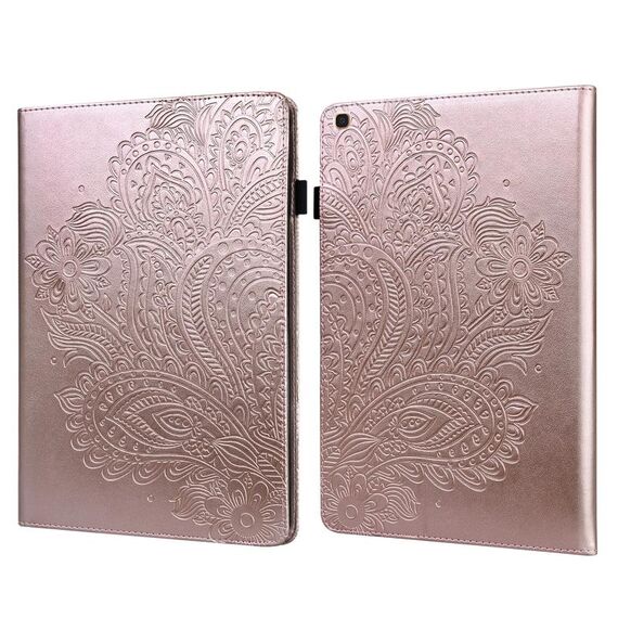 Per Samsung Galaxy Tab A 10.1 (2019) T510 Custodia in TPU con motivo a rilievo in rilievo pavone + PU Custodia in pelle con vibrazione orizzontale con supporto e slot per schede e portafoglio (oro rosa)