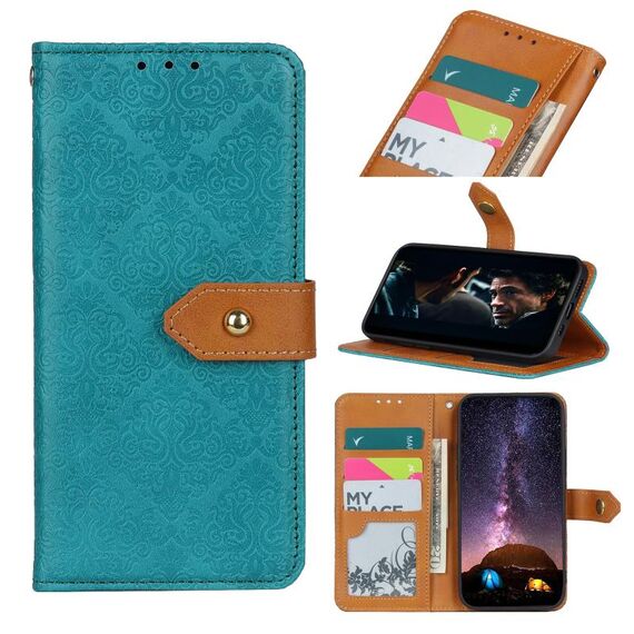 Per Alcatel 1SE (2020) Custodia in pelle PU con fibbia orizzontale in rilievo floreale europeo con supporto e slot per schede e portafoglio e cornice per foto (blu)