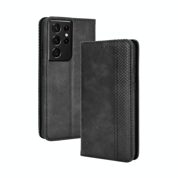Per Samsung Galaxy S21 Ultra Magnetic Buckle Retro Crazy Horse Texture Custodia in pelle a vibrazione orizzontale con supporto, slot per schede e cornice per foto (nero)