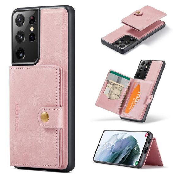 Per Samsung Galaxy S21 Ultra 5G JEEHOOD Custodia protettiva staccabile magnetica retrò con portafoglio e slot per schede e supporto (rosa)