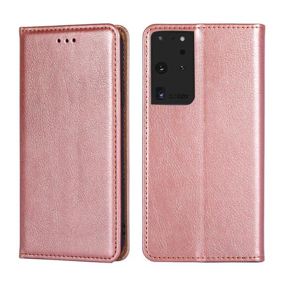 Per Samsung Galaxy S21 Ultra 5G PU + TPU lucido olio tinta unita custodia in pelle con vibrazione orizzontale magnetica con supporto e slot per schede e portafoglio (oro rosa)