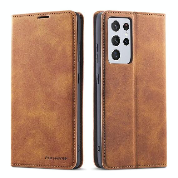 Per Samsung Galaxy S21 Ultra 5G Forwenw Dream Series Oil Edge Custodia in pelle con vibrazione orizzontale a magnetismo forte con supporto e slot per schede e portafoglio e cornice per foto (marrone)