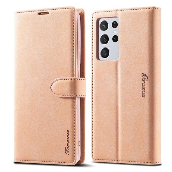 Per Samsung Galaxy S21 Ultra 5G Forwenw F1 Series Custodia in pelle a vibrazione orizzontale con magnetismo forte opaco con supporto e slot per schede e portafoglio e cornice per foto (oro rosa)