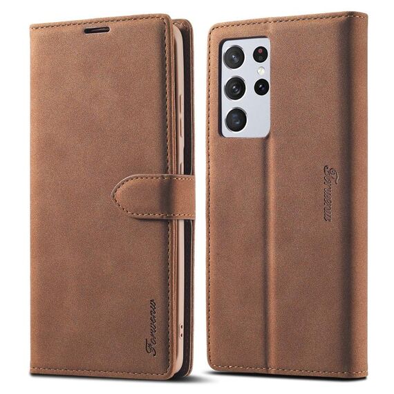 Per Samsung Galaxy S21 Ultra 5G Forwenw F1 Series Custodia in pelle a vibrazione orizzontale con magnetismo forte opaco con supporto e slot per schede e portafoglio e cornice per foto (marrone)