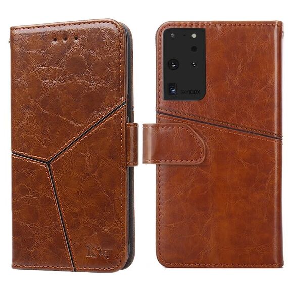 Per Samsung Galaxy S21 Ultra 5G con cucitura geometrica orizzontale Flip TPU + custodia in pelle PU con supporto e slot per schede e portafoglio (marrone chiaro)