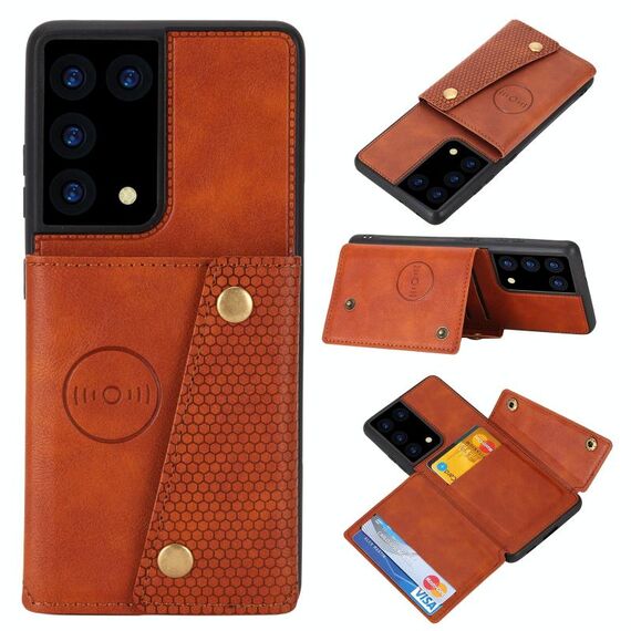 Custodia protettiva magnetica antiurto in PU + TPU con doppia fibbia per Samsung Galaxy S21 Ultra 5G con slot per scheda e supporto (marrone)
