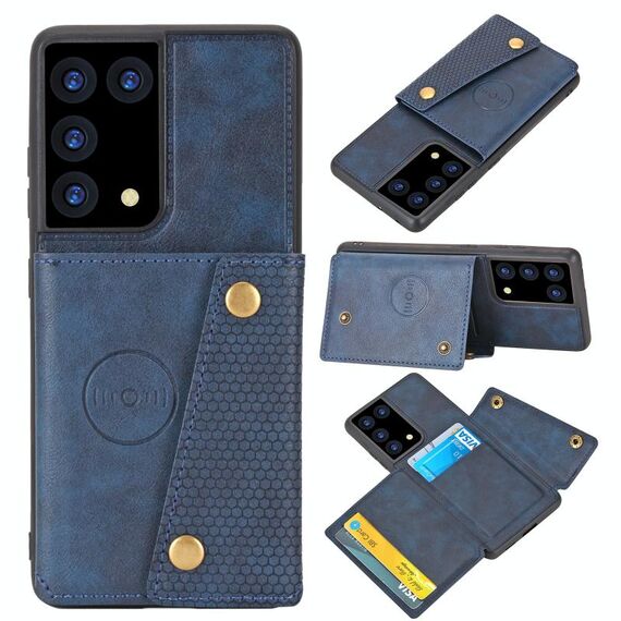 Custodia protettiva magnetica antiurto in PU + TPU con doppia fibbia per Samsung Galaxy S21 Ultra 5G con slot per scheda e supporto (blu)