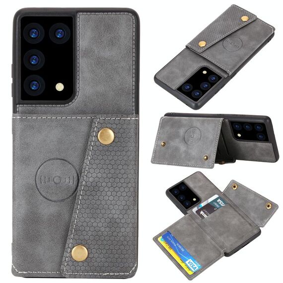 Custodia protettiva magnetica antiurto in PU + TPU con doppia fibbia per Samsung Galaxy S21 Ultra 5G con slot per scheda e supporto (grigio)