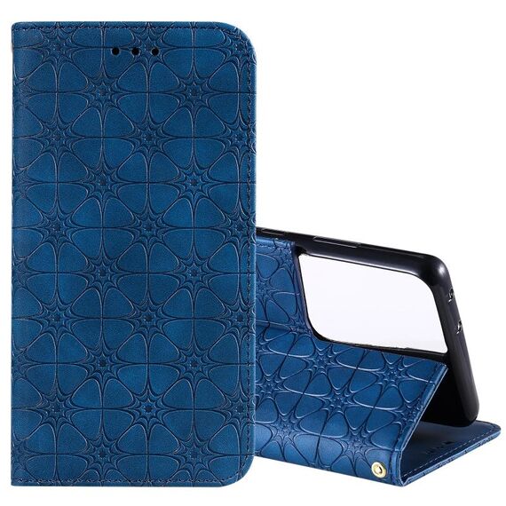 Per Samsung Galaxy S21 Ultra 5G Lucky Flowers Custodia in pelle con goffratura orizzontale magnetica con supporto e slot per schede (blu scuro)