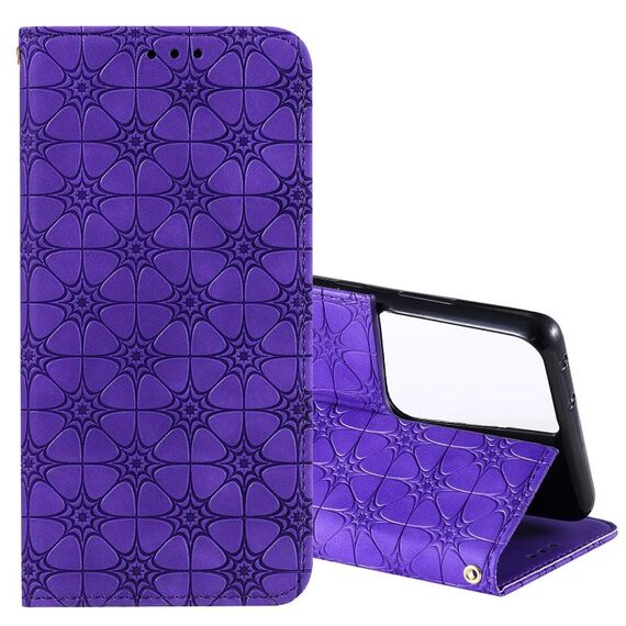 Per Samsung Galaxy S21 Ultra 5G Lucky Flowers Embossing Pattern Custodia in pelle con vibrazione orizzontale magnetica con supporto e slot per schede (viola)