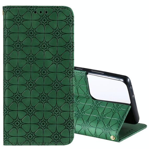 Per Samsung Galaxy S21 Ultra 5G Lucky Flowers Custodia in pelle con goffratura orizzontale magnetica con supporto e slot per schede (verde scuro)