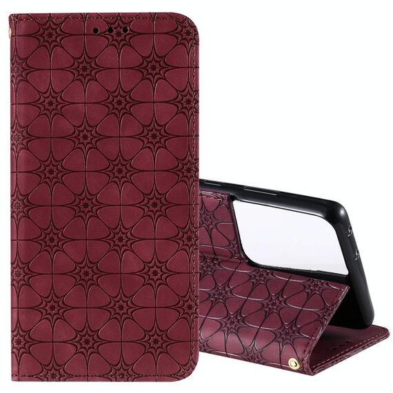 Per Samsung Galaxy S21 Ultra 5G Lucky Flowers Embossing Pattern Custodia in pelle con vibrazione orizzontale magnetica con supporto e slot per schede (rosso vino)
