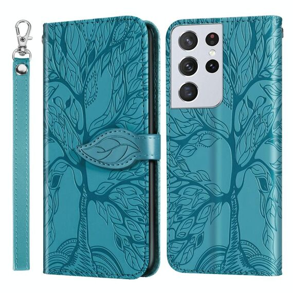 Per Samsung Galaxy S21 Ultra 5G Life of Tree Embossing Pattern Custodia in pelle a ribaltamento orizzontale con supporto e slot per schede e portafoglio e cornice per foto e cordino (blu lago)