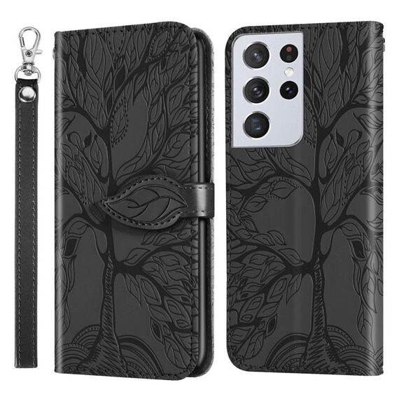 Per Samsung Galaxy S21 Ultra 5G Life of Tree Embossing Pattern Custodia in pelle a ribaltamento orizzontale con supporto e slot per schede e portafoglio e cornice per foto e cordino (nero)