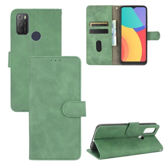 Per Alcatel 1s (2021) Pelle di colore solido Feel Sembraggio magnetico Fibbia MAGNetico Flip Vitello Texture PU Custodia in pelle PU con supporto e carte Slot & Portafoglio (verde)