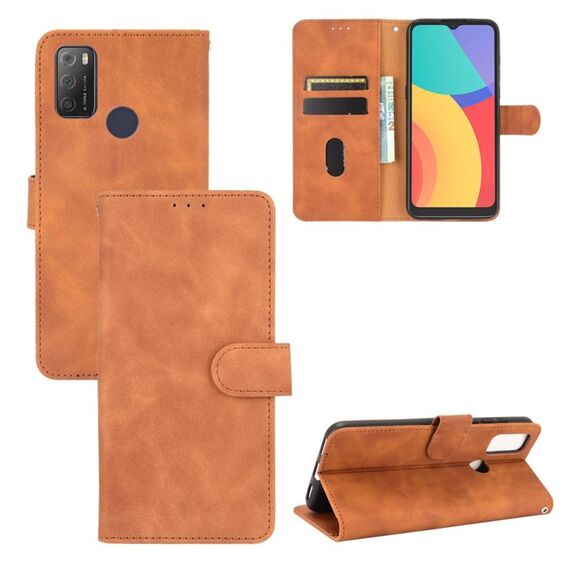Per Alcatel 1s (2021) Pelle di colore solido Sensazione della pelle magnetica fibbia magnetica flip flip texture in pelle PU con supporto e carte slot e portafoglio (marrone)