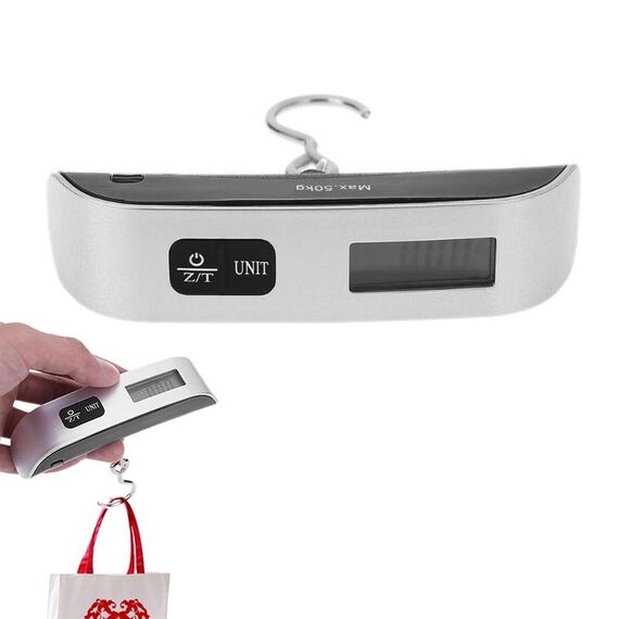 Bilancia da viaggio portatile da appendere digitale LCD da 50 kg x 50 g con termometro da interno (argento)