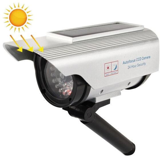 Fotocamera fittizia dall'aspetto realistico ad energia solare con luce LED rossa lampeggiante