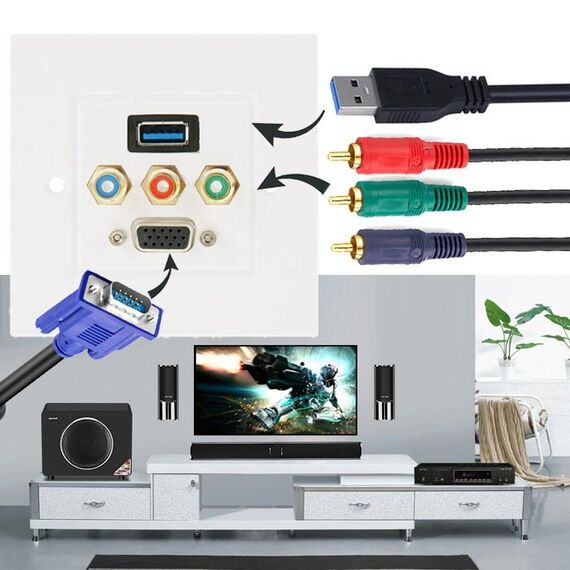 Spina femmina USB 3.0 + 3 spine femmina RCA + pannello a parete con spina femmina VGA