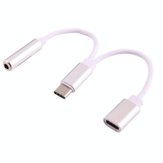 Adattatore audio da USB-C / tipo C maschio a femmina da 3,5 mm e femmina di tipo C., Adattatore audio USB-C / Type-C maschio a femmina da 3,5 mm e femmina Type-C (argento)