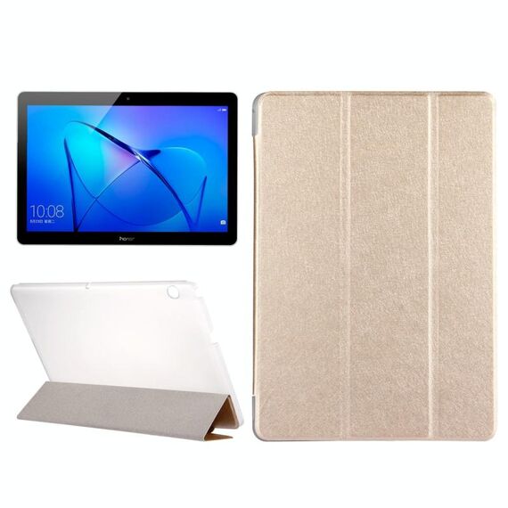 Per Huawei MediaPad T3 10 Custodia in pelle a vibrazione orizzontale con texture seta da 9.6 pollici con supporto pieghevole a 3 (oro)