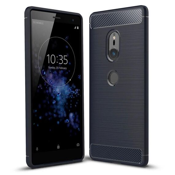 Per Sony Xperia XZ2 Custodia protettiva in TPU antiurto in fibra di carbonio con trama spazzolata (blu navy)