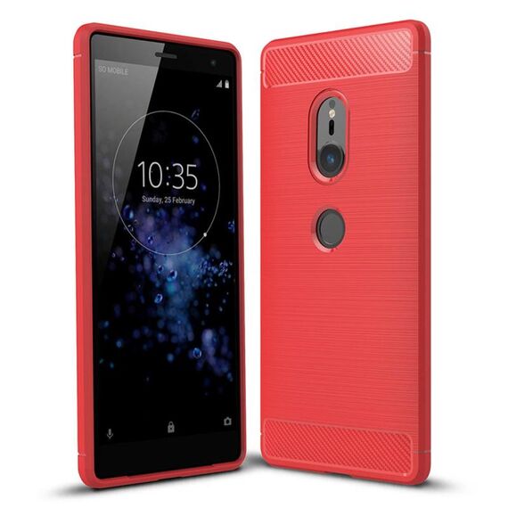Per Sony Xperia XZ2 Custodia protettiva in TPU antiurto in fibra di carbonio con trama spazzolata (rossa)