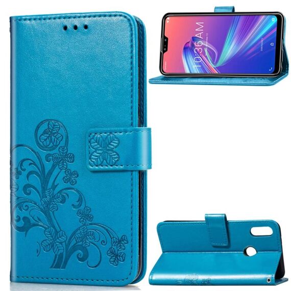 Custodia in pelle con motivo fiori pressati Lucky Clover per ASUS ZB633KL, con supporto e slot per schede e portafoglio e cinturino da polso (blu)