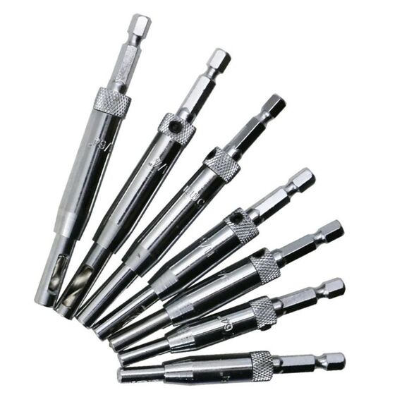 7 pezzi / set porte cerniera autocentrante maschiatore set punte per trapano perforatore strumenti per la lavorazione del legno (5 / 64,7 / 64,9 / 64,11 / 64,13 / 64,1 / 4 pollici, 5 mm)