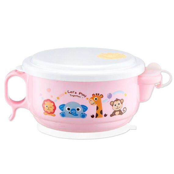 Ciotola in stile cartone animato a doppio strato con interno in acciaio inossidabile ed esterno in plastica da 450 ml con coperchio e maniglie per bambini dai 2 ai 9 anni