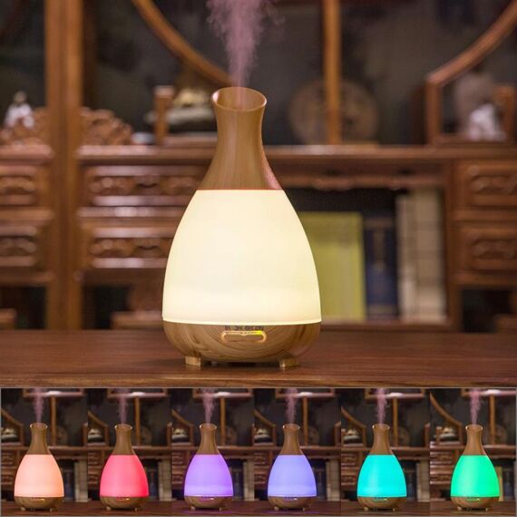 Umidificatore per purificatore d'aria per aromaterapia a forma di vaso portatile colorato in legno chiaro da 200 ml per casa / ufficio (marrone)