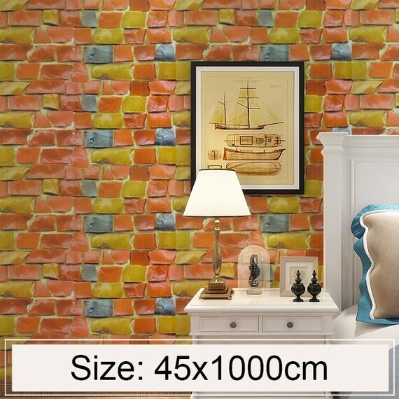 Rotolo di carta da parati impermeabile della parete del soggiorno della parete della camera da letto della decorazione del mattone di pietra 3D creativo di pietra colorata, dimensioni: 45 x 1000 cm