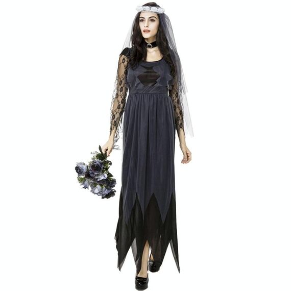 Costume di Halloween Donna Pizzo Chiffon Abito nero Abiti da sposa fantasma Uniformi da gioco Cosplay, Taglia: M, Busto: 76 cm, Giro vita: 70 cm, Vestiti lunghi: 141 cm