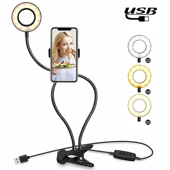 Trucco USB Selfie Anello luminoso con clip Supporto per telefono cellulare con staffa pigra, Con modalità a 3 luci, lampada da tavolo a LED con luminosità a 10 livelli, compatibile con iPhone / Android, per live streaming, KTV, trasmissione dal vivo, spet