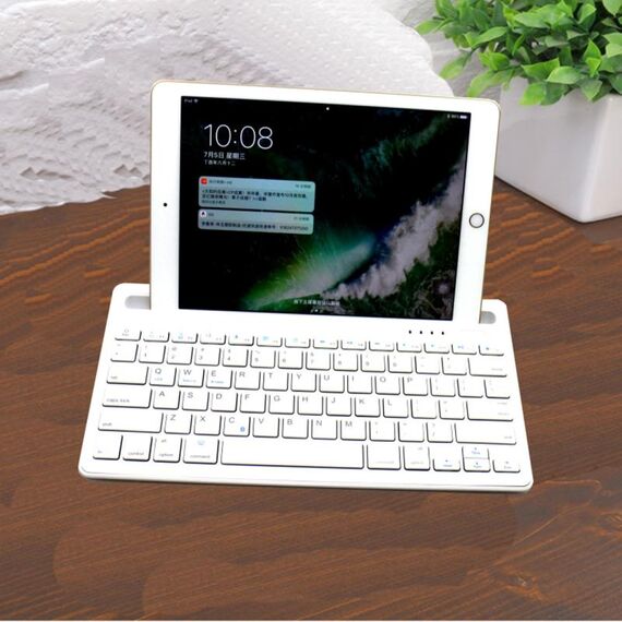 B908 Tastiera wireless Bluetooth ultrasottile a 78 tasti con supporto per telefono cellulare concavo (bianco)