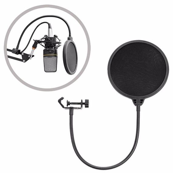 Microfono di registrazione a doppio strato Schermo antivento da studio Filtro anti-pop per maschera con braccio stabilizzatore a clip, Per registrazione in studio, trasmissione dal vivo, spettacolo dal vivo, KTV, ecc. (Nero)