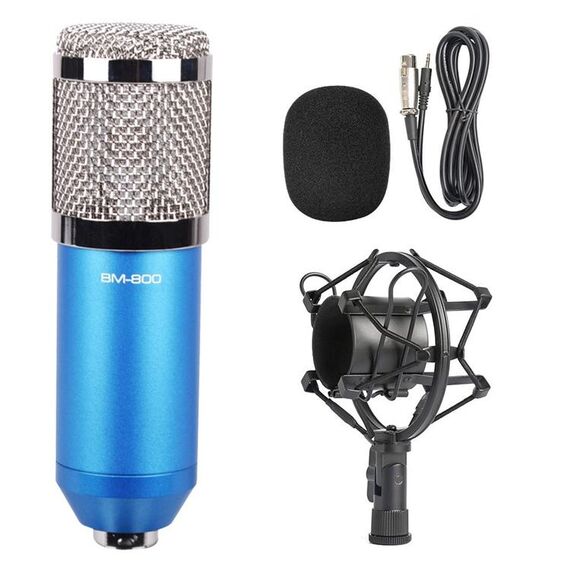 Microfono audio a condensatore cablato per registrazione da studio da 3,5 mm BM-800 con supporto antiurto, Compatibile con PC / Mac per Live Broadcast Show, KTV, ecc. (Blu)