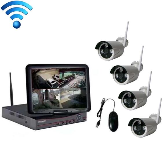 K9104E-PE2013C 4CH HD 960P 1.3 Mega Pixel 2.4GHz WiFi IP Bullet Camera Kit NVR con schermo LCD da 10,1 pollici